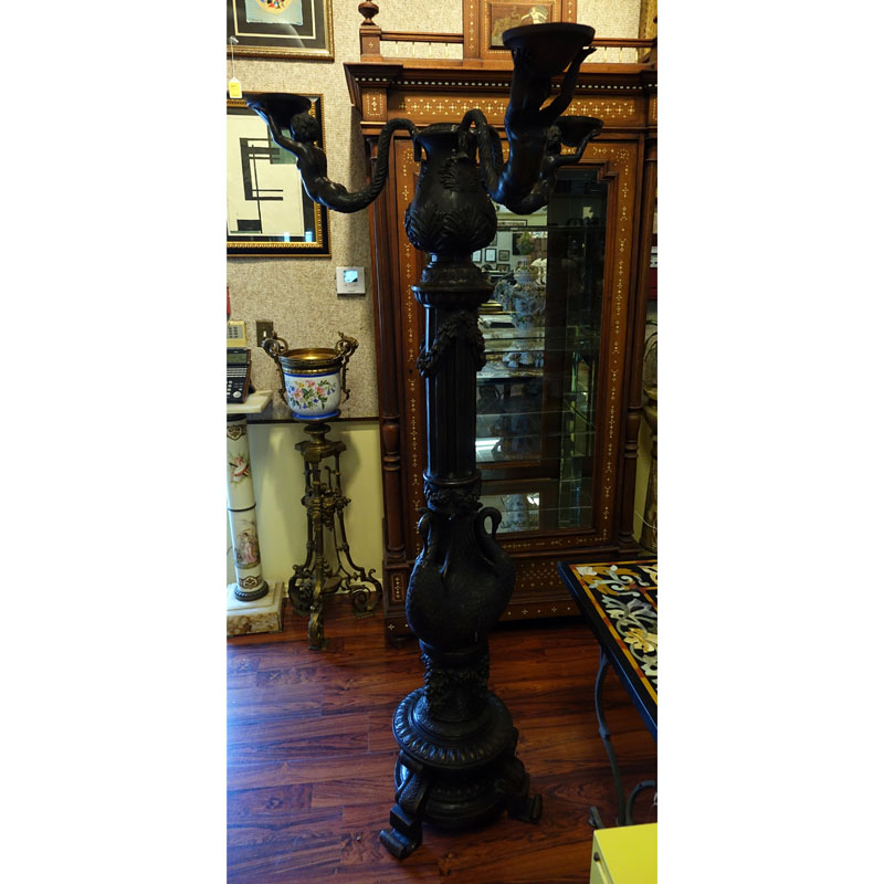 20th Century Empire Style Bronze Three Arm Figural Torchiere