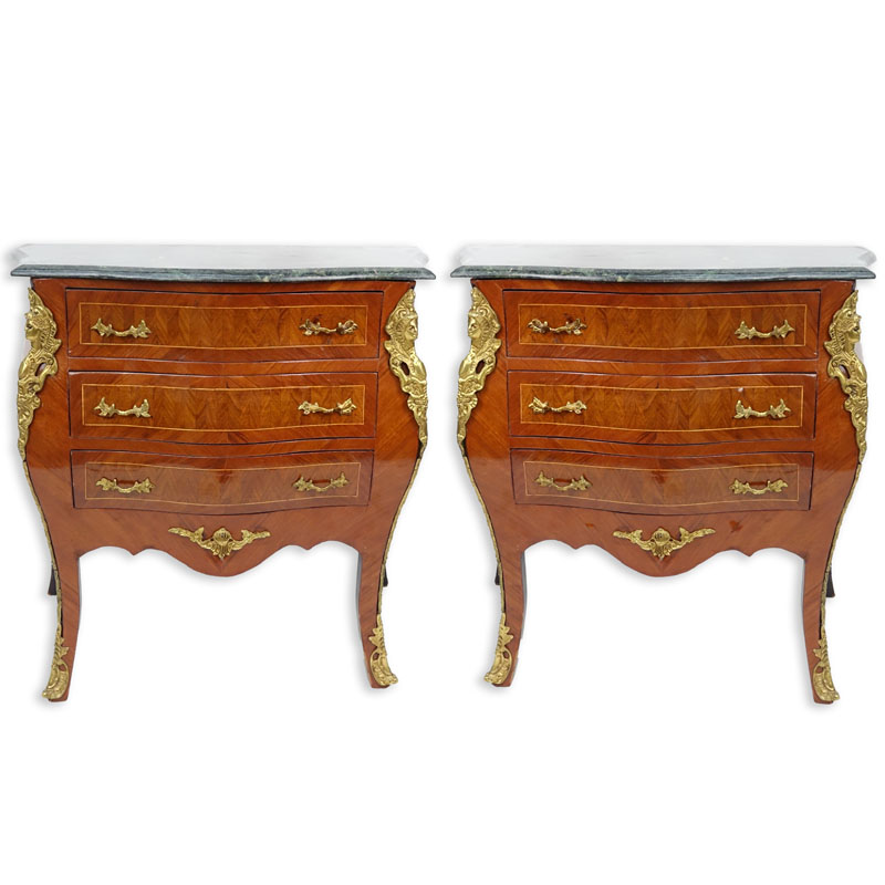 Pair of 20th Century Louis XVI Style Marquetry Inlaid and Gilt Bronze Mounted, Green Marble Top Night Stands/ Chest of Drawers