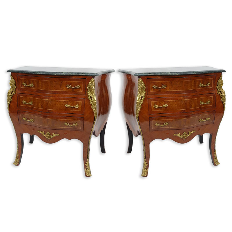 Pair of 20th Century Louis XVI Style Marquetry Inlaid and Gilt Bronze Mounted, Green Marble Top Night Stands/ Chest of Drawers