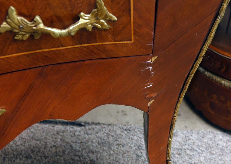 Pair of 20th Century Louis XVI Style Marquetry Inlaid and Gilt Bronze Mounted, Green Marble Top Night Stands/ Chest of Drawers