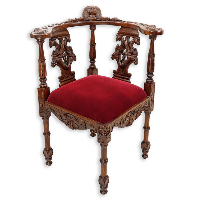 Vintage Carved Mahogany and Upholstered Corner Chair