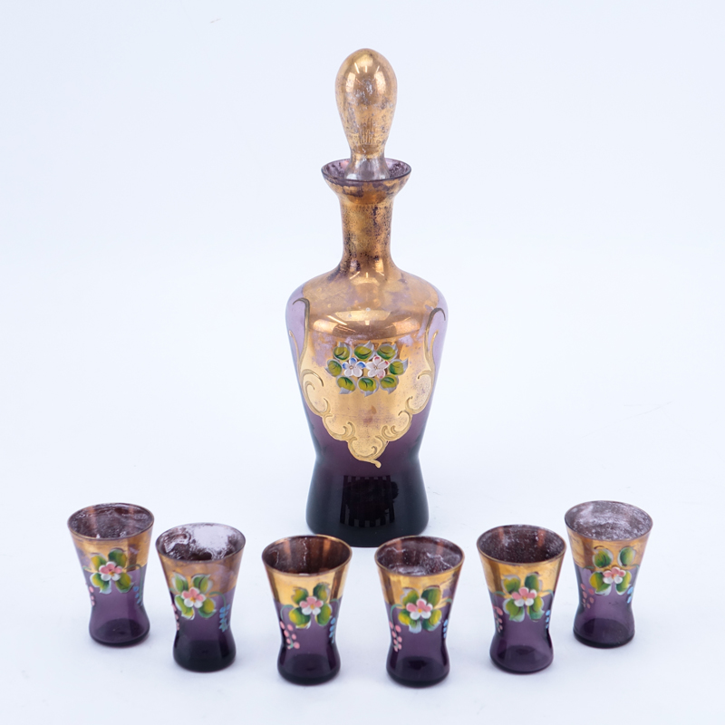 Seven (7) Piece Italian Amethyst and Gilt Art Glass Decanter and Cordials Set