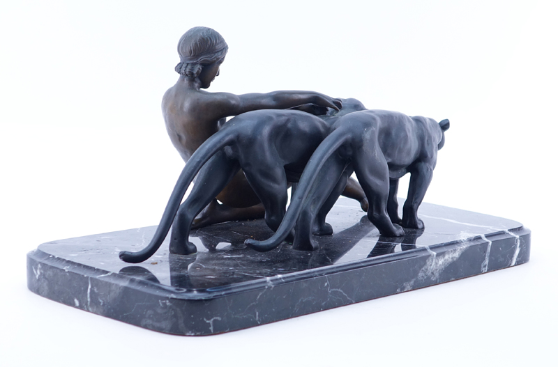 L. Bassin, French (20th Century) Art Deco Bronze Sculpture of a Female with Panthers on Marble Base