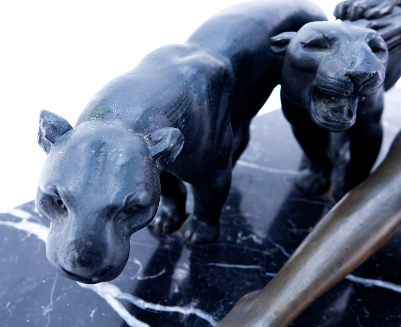 L. Bassin, French (20th Century) Art Deco Bronze Sculpture of a Female with Panthers on Marble Base