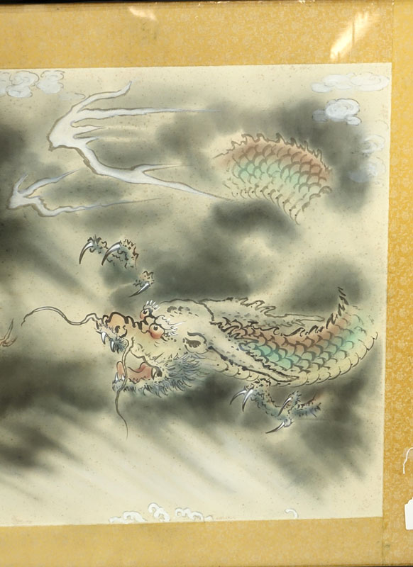 Palace Size Chinese Painting on Silk of Two Dragons, Signed and Seal Stamped along with Inscription