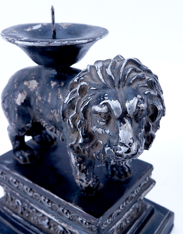 Pair of Renaissance Style Composition Lion Candlesticks