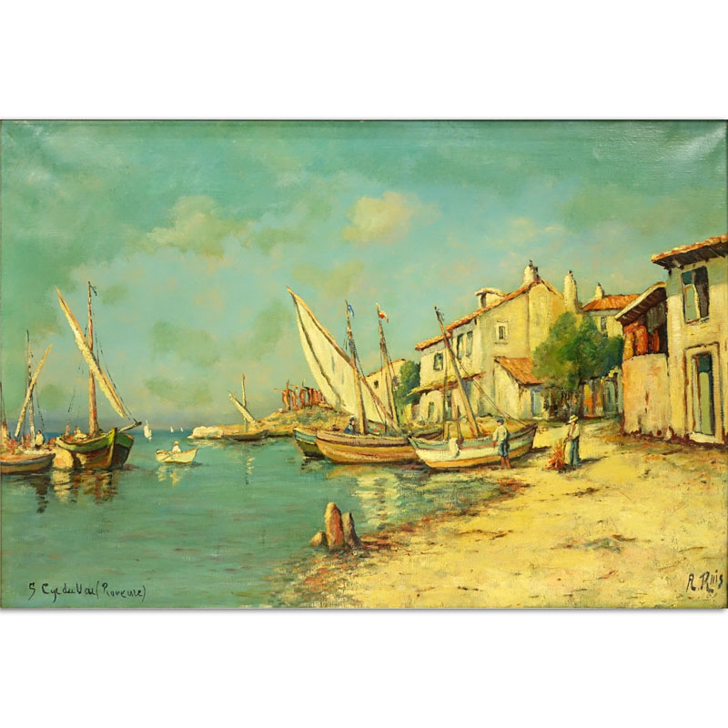 Early 20th C. Oil on Canvas "Sailboats" Signed A. Ruis? and Inscribed Lower