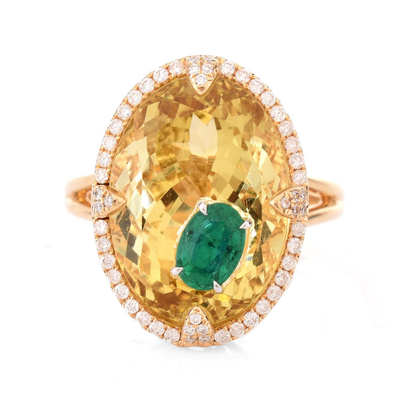 9.52 Carat Oval Cut Heliodor, .44 Carat Oval Cut Emerald, .23 Carat Diamond and 18 Karat Yellow Gold Ring