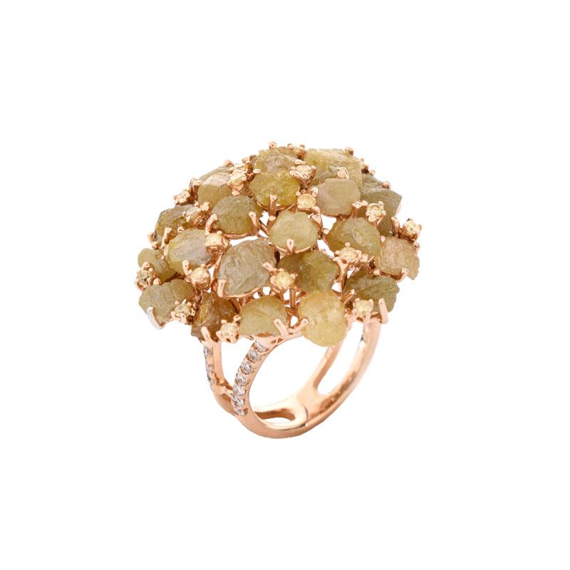 13.73 Carat Rough Yellow Diamond, Round Brilliant Cut Yellow and White Diamond and 18 Karat Rose Gold Ring