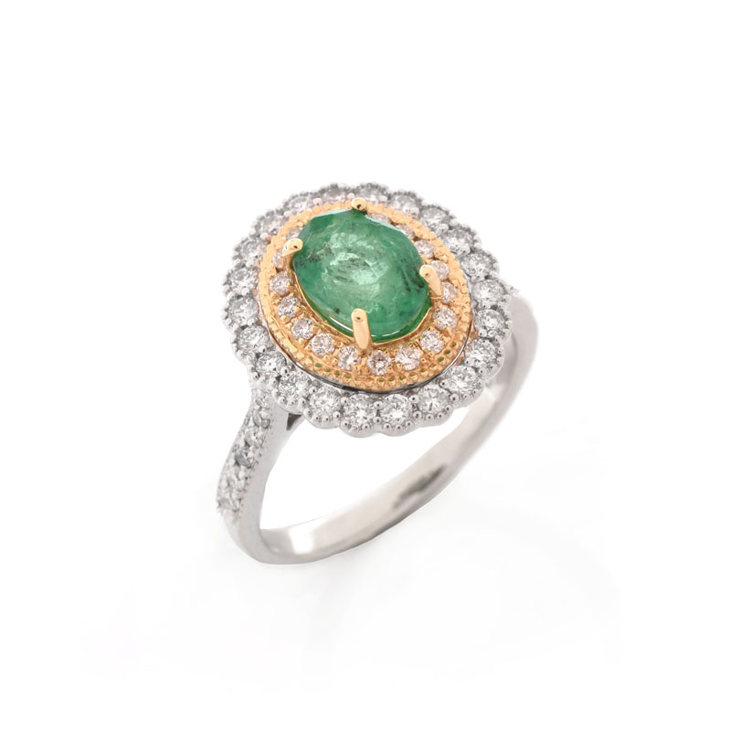 Oval Cut Emerald, Round Brilliant Cut Yellow and White Diamond and 14 Karat White Gold Ring