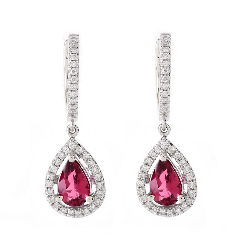 Pear Shape Rubelite Tourmaline, Diamond and 14 Karat White Gold Pendant Earrings