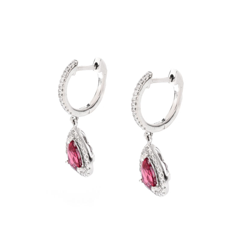 Pear Shape Rubelite Tourmaline, Diamond and 14 Karat White Gold Pendant Earrings