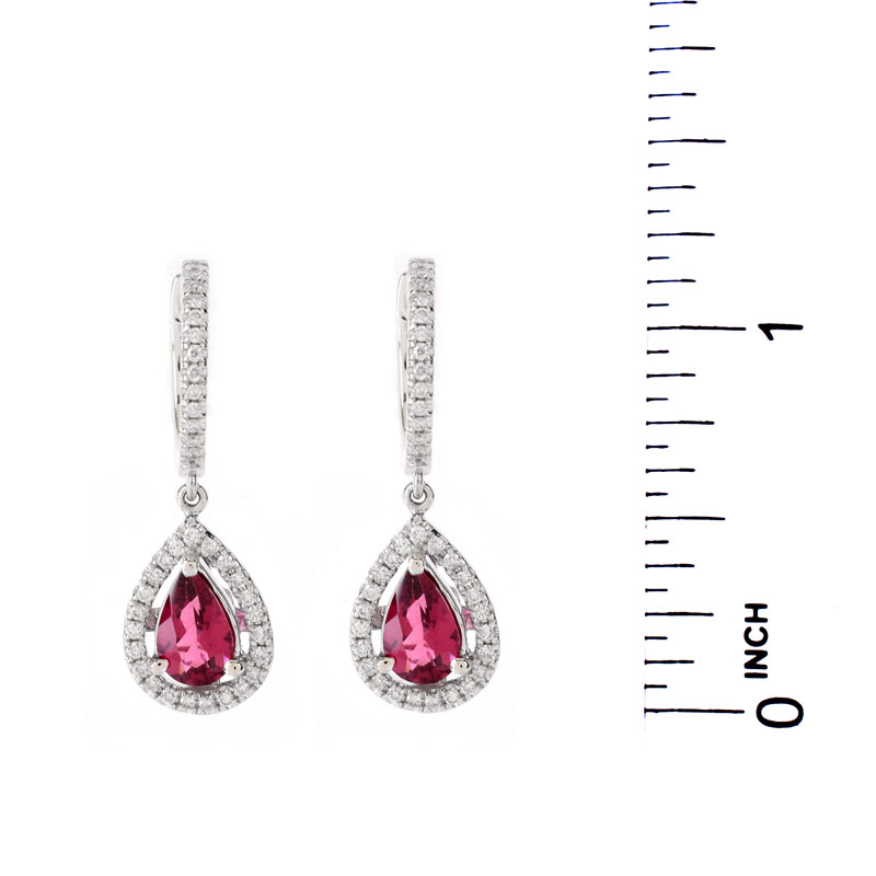 Pear Shape Rubelite Tourmaline, Diamond and 14 Karat White Gold Pendant Earrings