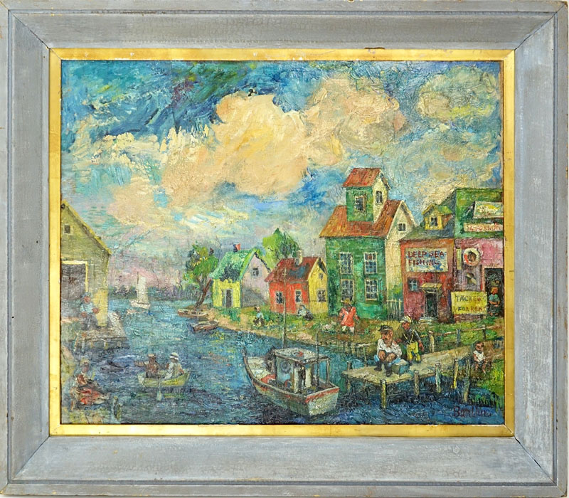 Attributed to: David Burliuk, Russian/American (1882 - 1967) Oil on Canvas "Harbor Scene with Figures"