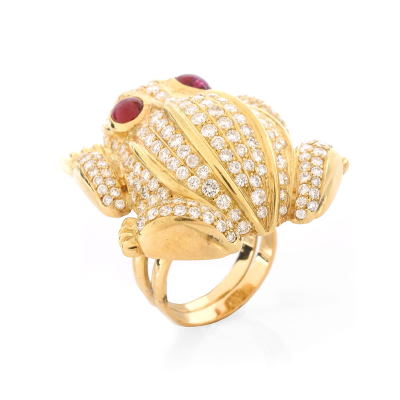 Large Approx. 6.0 Carat Pave Set Diamond and Heavy 18 Karat Yellow Gold Frog Ring