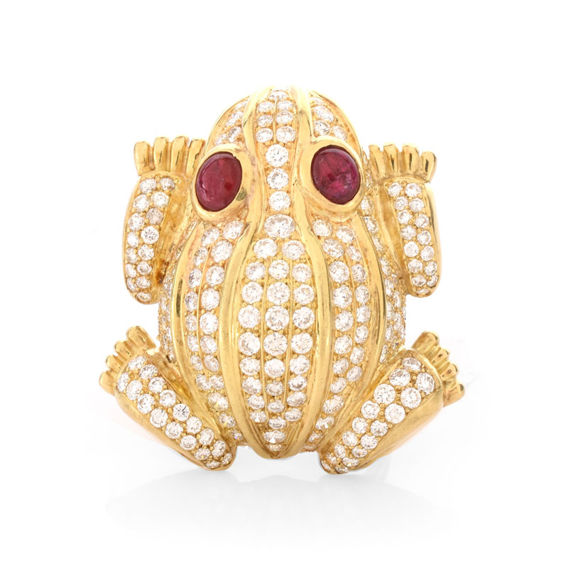 Large Approx. 6.0 Carat Pave Set Diamond and Heavy 18 Karat Yellow Gold Frog Ring