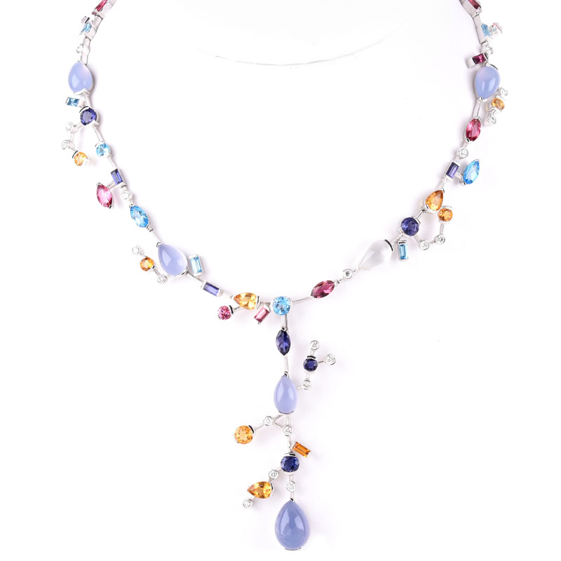 Van Cleef & Arpels style 53.16 Carat Multi Color Gemstone, 1.48 Carat Round Brilliant Cut Diamond and 18 Karat White Gold Necklace