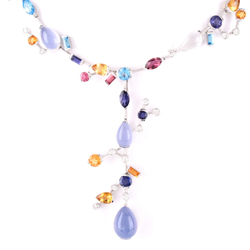 Van Cleef & Arpels style 53.16 Carat Multi Color Gemstone, 1.48 Carat Round Brilliant Cut Diamond and 18 Karat White Gold Necklace