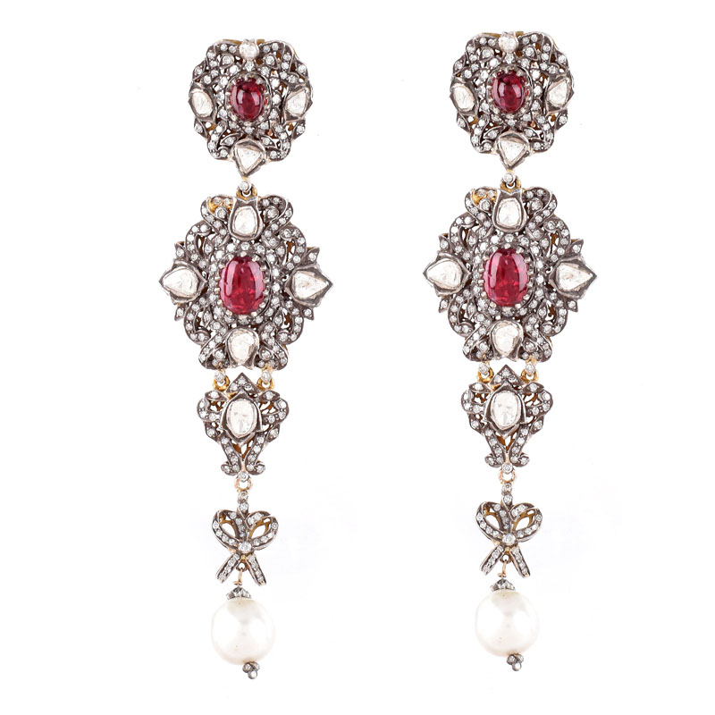 Large Vintage Table Cut Diamond, Cabochon Ruby, Pearl and Silver Topped 10 Karat Yellow Gold Chandelier Earrings