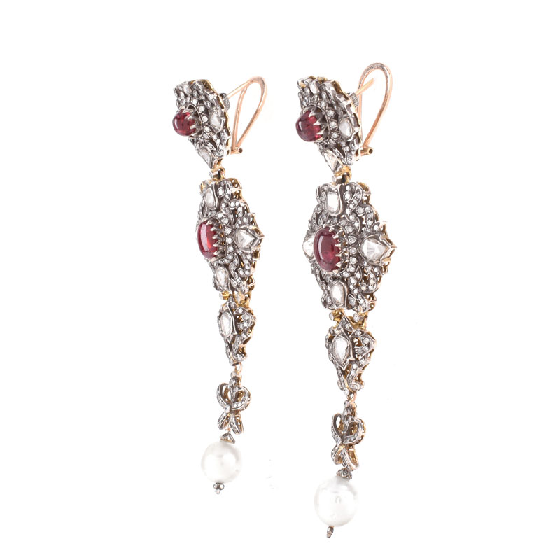 Large Vintage Table Cut Diamond, Cabochon Ruby, Pearl and Silver Topped 10 Karat Yellow Gold Chandelier Earrings