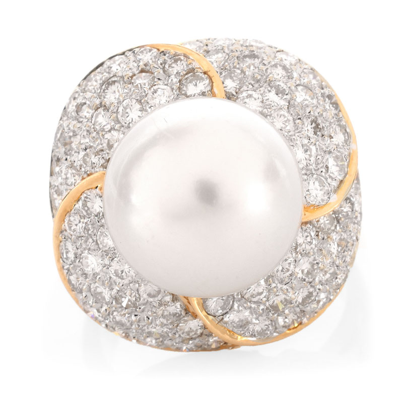 Approx. 2.0 Carat Pave Set Round Brilliant Cut Diamond, 12.5mm South Sea Pearl and 18 Karat Yellow Gold Ring