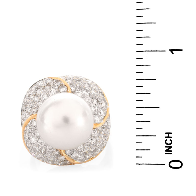 Approx. 2.0 Carat Pave Set Round Brilliant Cut Diamond, 12.5mm South Sea Pearl and 18 Karat Yellow Gold Ring