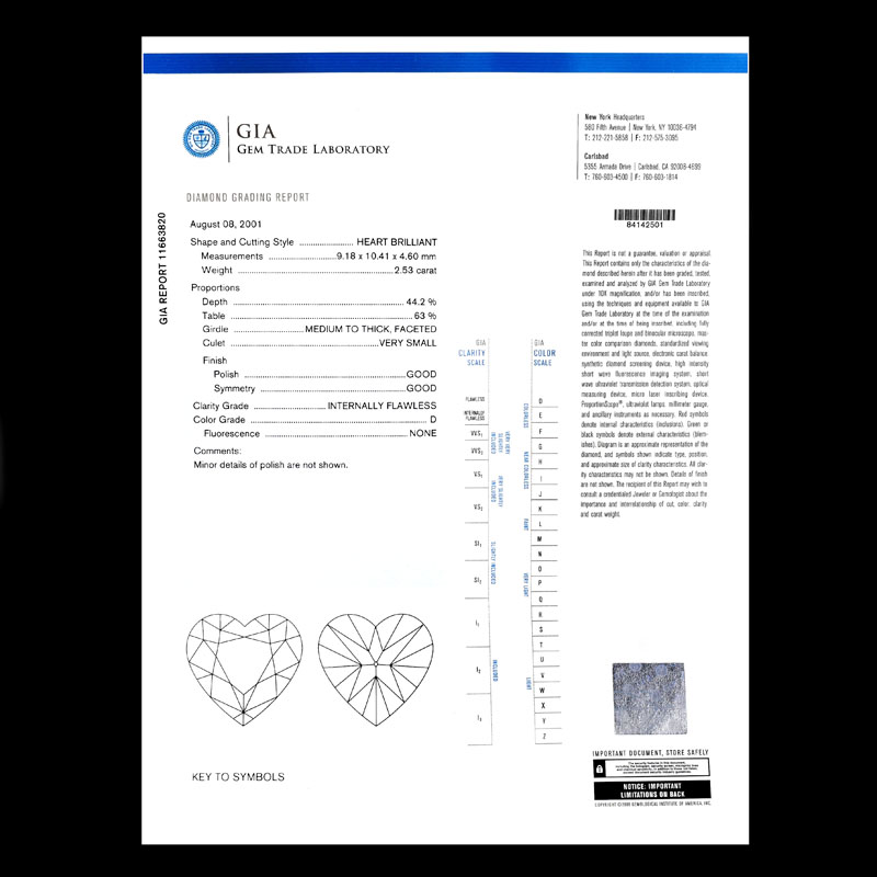 GIA Certified 2.53 Carat Heart Shape Diamond and Platinum Engagement Ring. Diamond D color, Internally Flawless