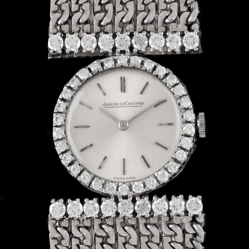 Lady's Vintage Jaeger LeCoultre 18 Karat White Gold and Approx. 2.30 Carat Round Brilliant Cut Diamond Bracelet Watch