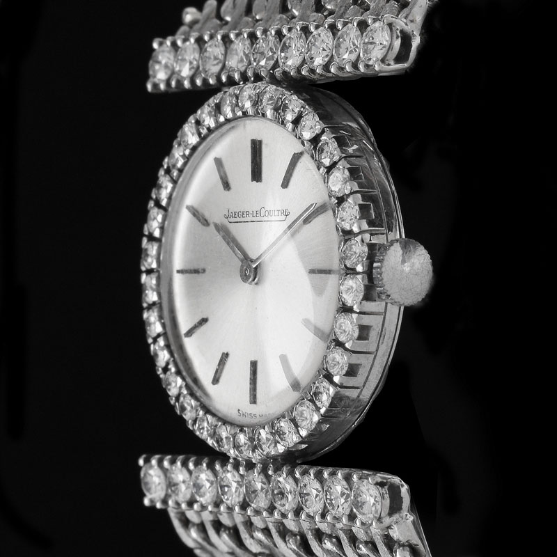 Lady's Vintage Jaeger LeCoultre 18 Karat White Gold and Approx. 2.30 Carat Round Brilliant Cut Diamond Bracelet Watch