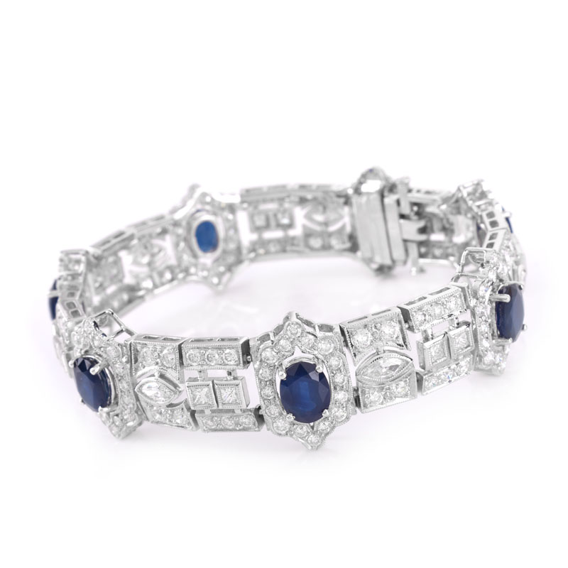 Art Deco style Approx. 11.0 Carat Oval Cut Sapphire,  8.50 Carat Marquise, Round Brilliant and Square Cut Diamond and 18 Karat White Gold Bracelet