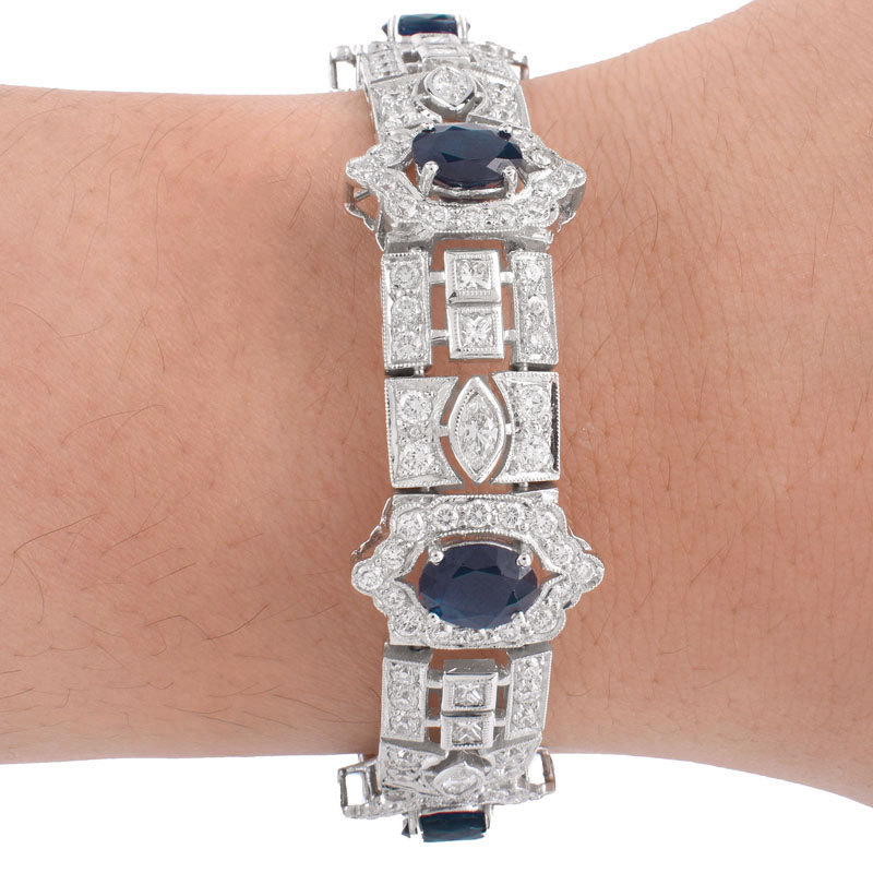 Art Deco style Approx. 11.0 Carat Oval Cut Sapphire,  8.50 Carat Marquise, Round Brilliant and Square Cut Diamond and 18 Karat White Gold Bracelet