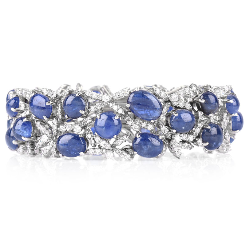 Vintage Approx. 50.0 Carat Oval Cabochon Sapphire, 8.0 Carat Diamond and 14 Karat White Gold Bracelet