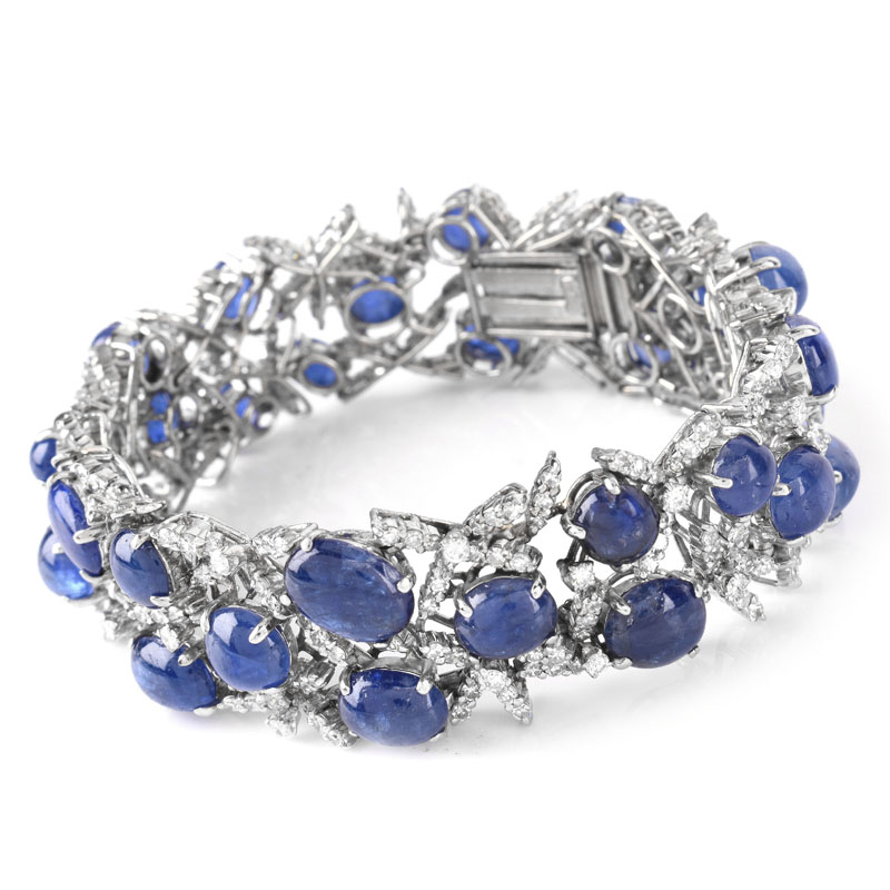 Vintage Approx. 50.0 Carat Oval Cabochon Sapphire, 8.0 Carat Diamond and 14 Karat White Gold Bracelet