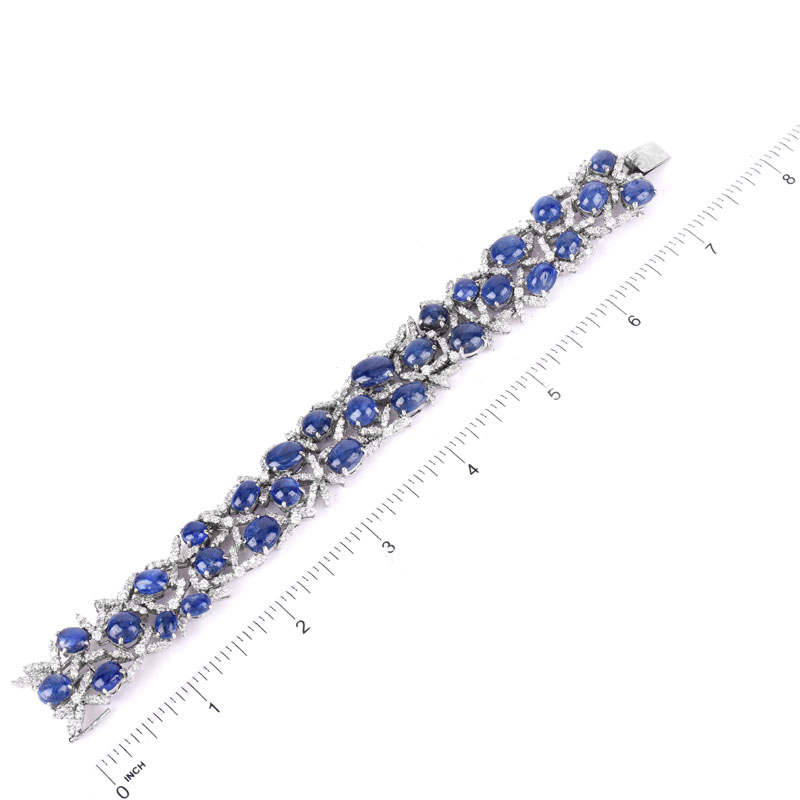 Vintage Approx. 50.0 Carat Oval Cabochon Sapphire, 8.0 Carat Diamond and 14 Karat White Gold Bracelet