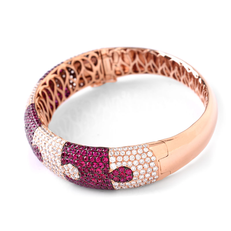 Vintage Approx. 6.50 Carat Pave Set Ruby and 5.08 Carat Pave Set Diamond and 18 Karat Rose Gold Bangle Bracelet