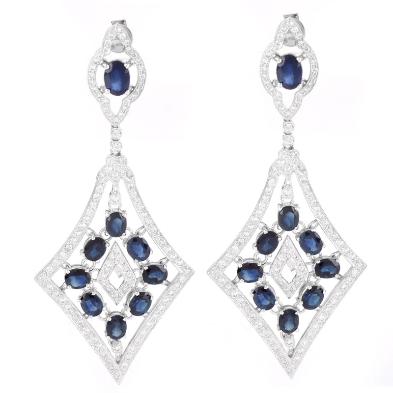 Approx. 10.0 Carat Oval Cut Sapphire, 2.10 Carat Round Brilliant Cut Diamond and 18 Karat White Gold Pendant Earrings