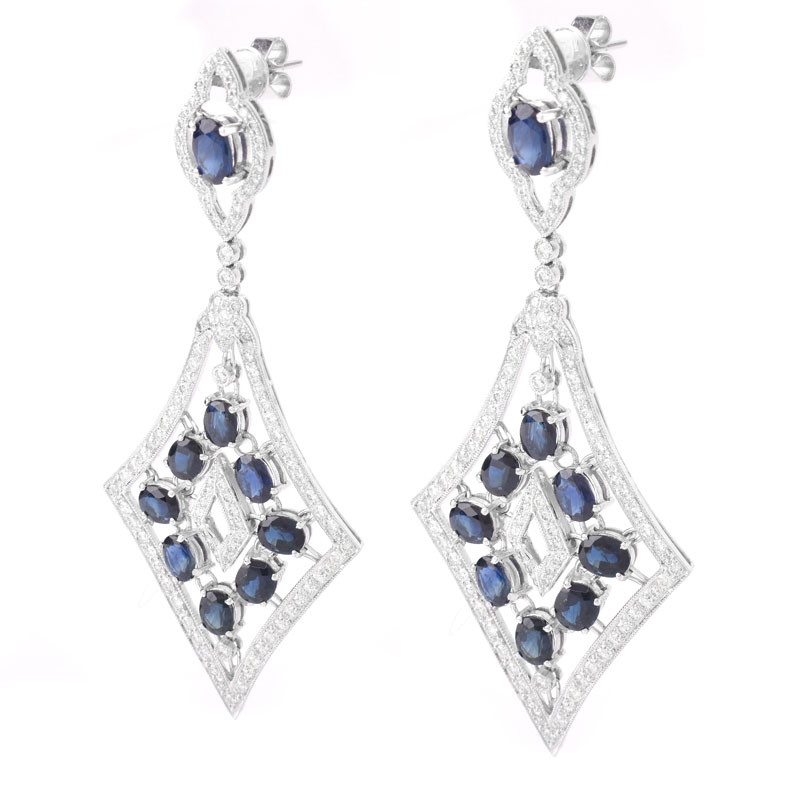 Approx. 10.0 Carat Oval Cut Sapphire, 2.10 Carat Round Brilliant Cut Diamond and 18 Karat White Gold Pendant Earrings