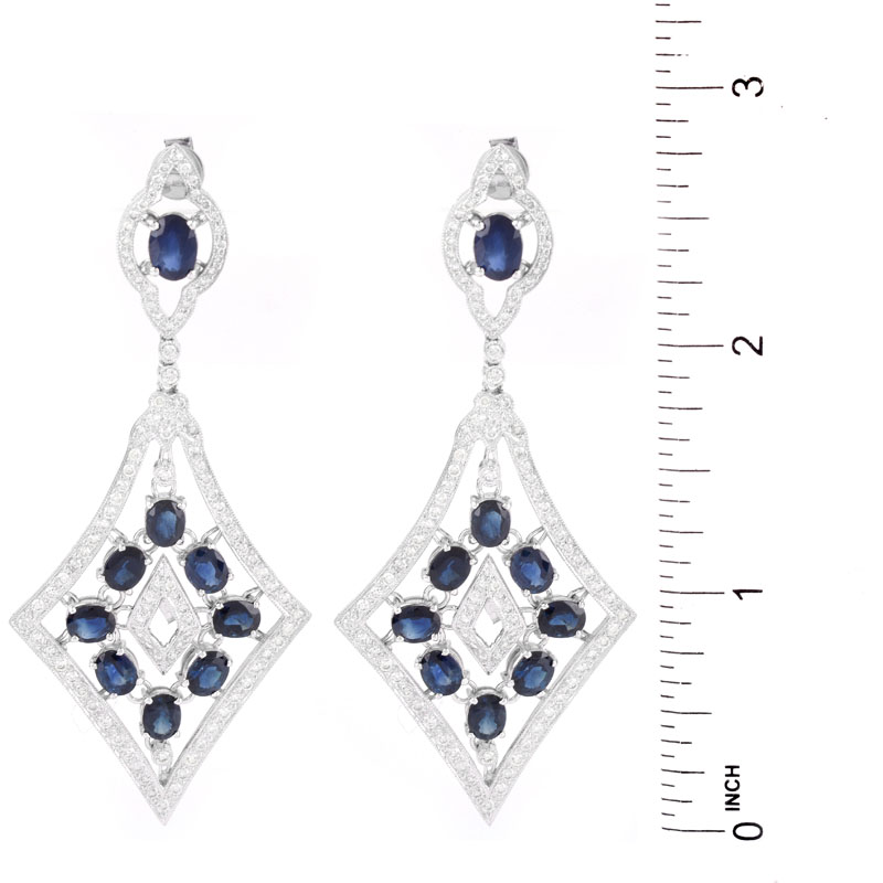 Approx. 10.0 Carat Oval Cut Sapphire, 2.10 Carat Round Brilliant Cut Diamond and 18 Karat White Gold Pendant Earrings