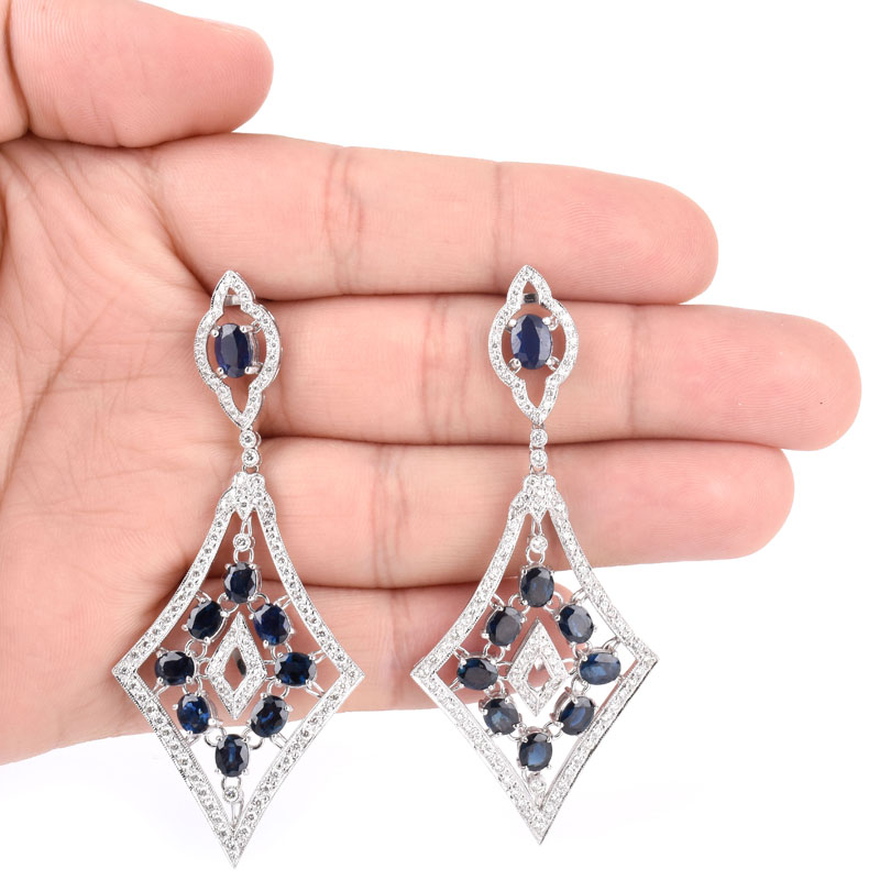 Approx. 10.0 Carat Oval Cut Sapphire, 2.10 Carat Round Brilliant Cut Diamond and 18 Karat White Gold Pendant Earrings