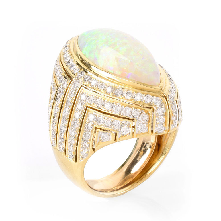 Vintage Approx. 12.0 Carat Marquise Cabochon Opal, 3.0 Carat Diamond and 18 Karat Yellow Gold Ring