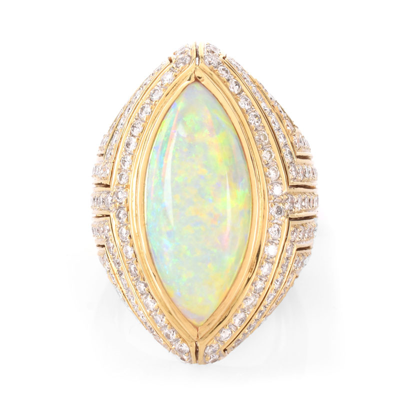 Vintage Approx. 12.0 Carat Marquise Cabochon Opal, 3.0 Carat Diamond and 18 Karat Yellow Gold Ring