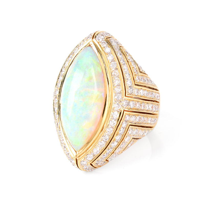 Vintage Approx. 12.0 Carat Marquise Cabochon Opal, 3.0 Carat Diamond and 18 Karat Yellow Gold Ring