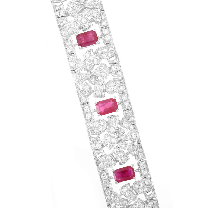 Art Deco style Approx. 4.54 Carat Oval Cut Ruby, 3.85 Carat Round Brilliant Cut Diamond and 18 Karat White Gold Bracelet