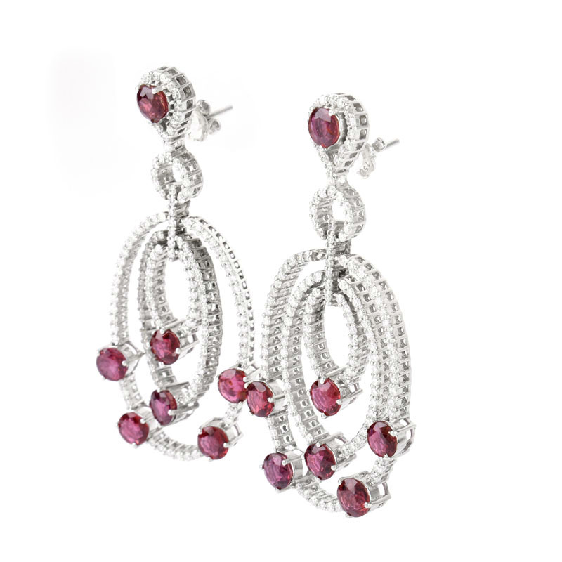 Approx. 9.90 Carat Round Brilliant Cut Ruby, 3.25 Carat Round Brilliant Cut Diamond and 18 Karat White Gold Chandelier Earrings