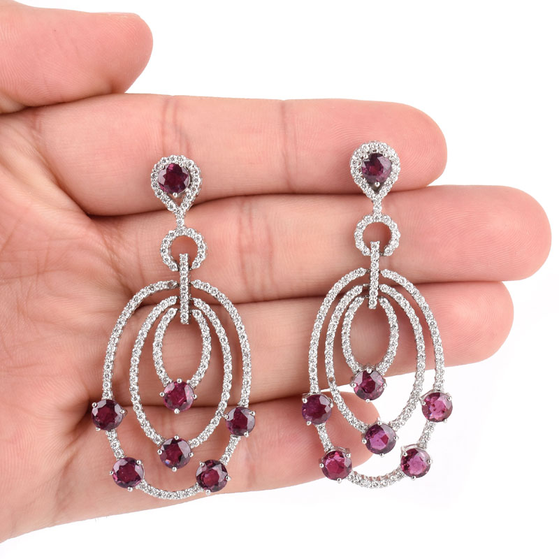 Approx. 9.90 Carat Round Brilliant Cut Ruby, 3.25 Carat Round Brilliant Cut Diamond and 18 Karat White Gold Chandelier Earrings