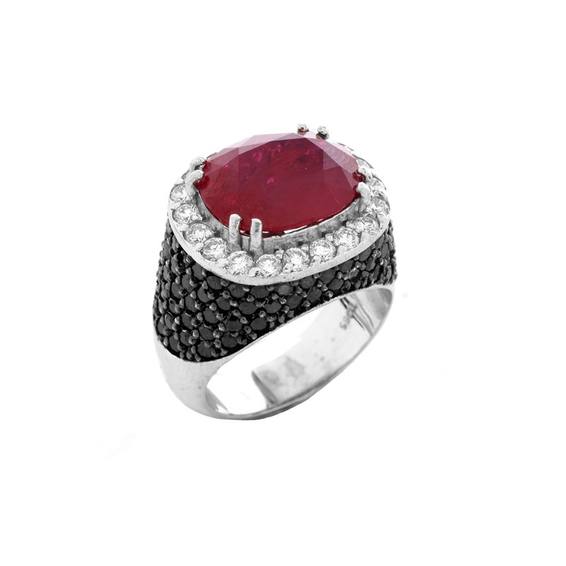 Approx. 5.11 Carat Oval Cut Ruby, 3.50 Carat Micro Pave Set Black Diamond, .61 Carat Round Brilliant Cut Diamond and 18 Karat White Gold Ring