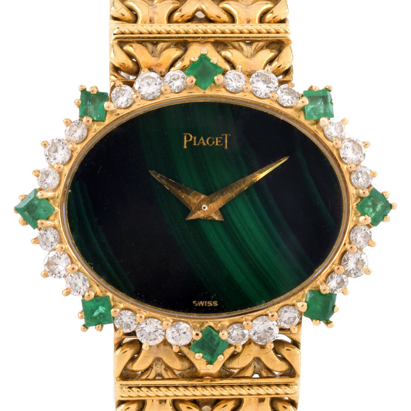 Lady's Vintage Piaget 18 Karat Yellow Gold, Diamond and Emerald Bracelet Watch