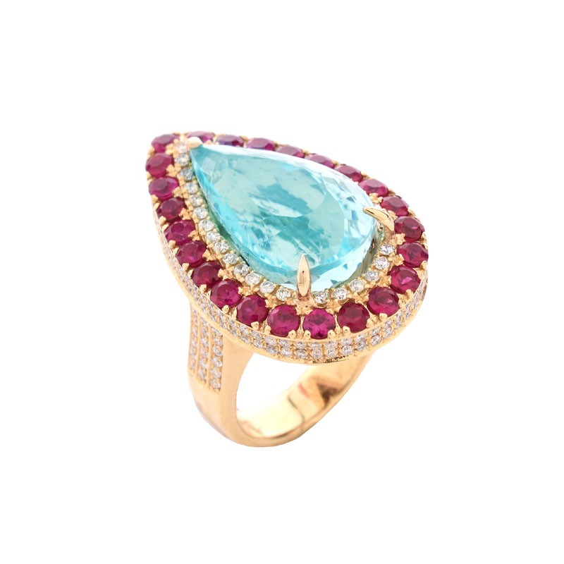 GIA Certified 11.70 Carat Pear Shape Paraiba Tourmaline, Diamond, Ruby and 18 Karat Yellow Gold Ring. 