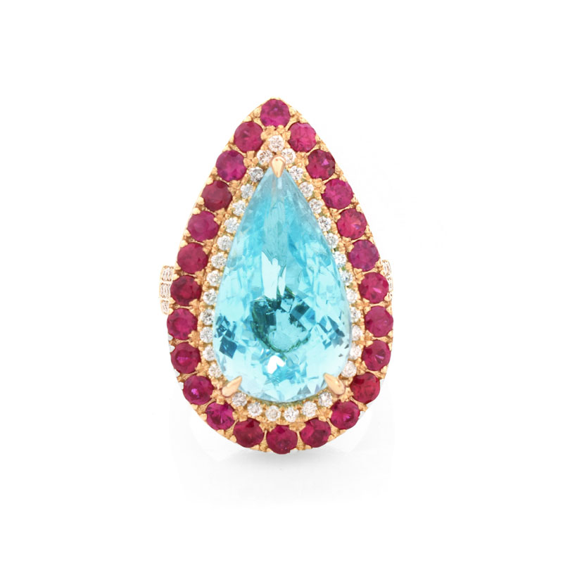 GIA Certified 11.70 Carat Pear Shape Paraiba Tourmaline, Diamond, Ruby and 18 Karat Yellow Gold Ring. 