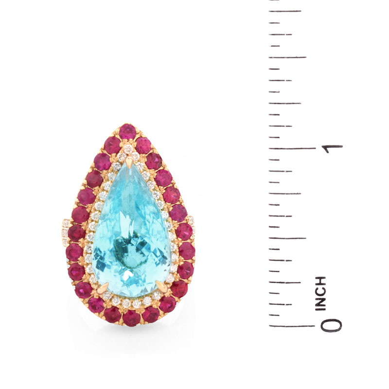 GIA Certified 11.70 Carat Pear Shape Paraiba Tourmaline, Diamond, Ruby and 18 Karat Yellow Gold Ring. 